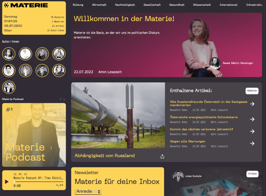 Screenshot der neuen Seite "Materie" des NEOS-Parlamentsklub // Juli 2022 Recap